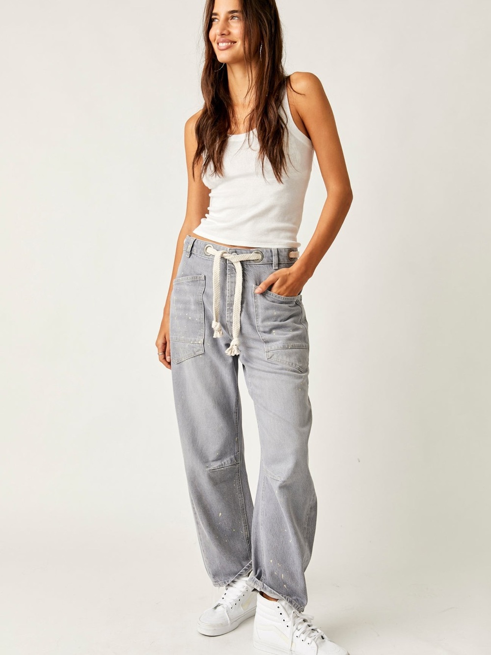 MOXIE LOW SLUNG PULL-ON BARREL JEAN with Paint Splatter